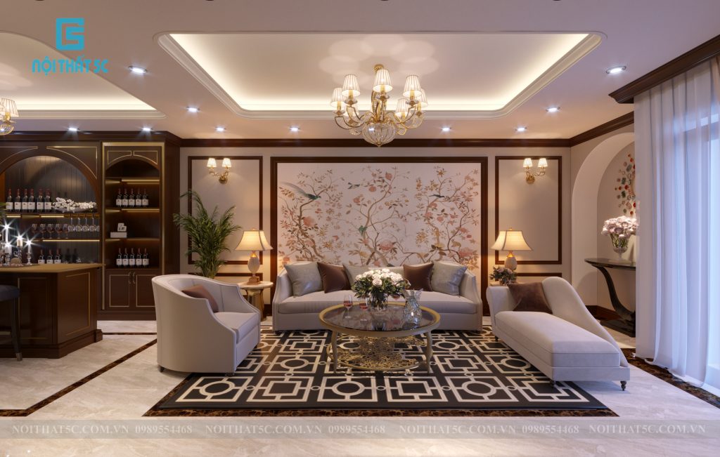 Không gian phòng khách với hệ thống ánh sáng đẹp lung linh