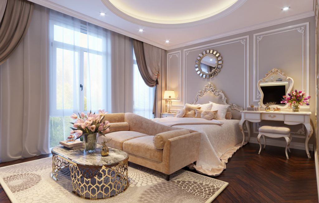 Gam màu trung tính mang đến vẻ đẹp trang nhã cho phòng ngủ biệt thự