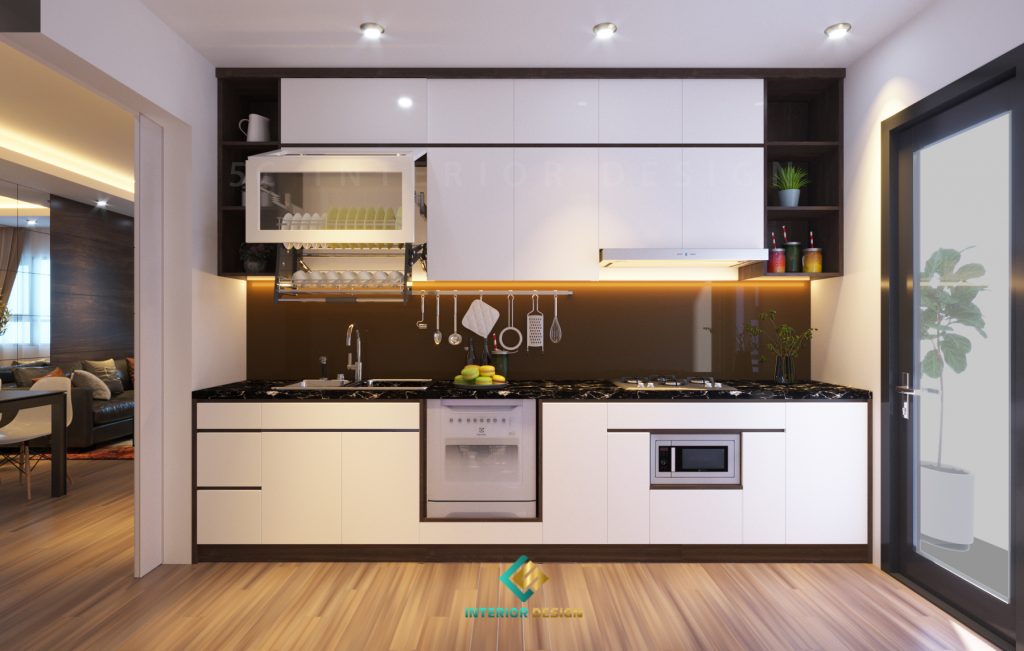 Phòng bếp chữ I thiết kế kịch trần với các ngăn tủ đa năng