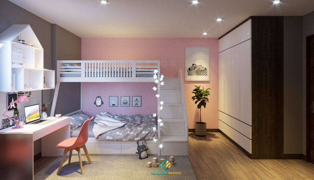 Phòng ngủ con gái với đầy đủ các không gian chức năng
