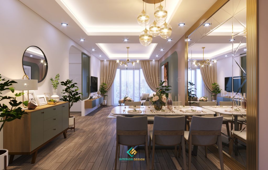 Phòng bếp chung cư Mỹ Đình thiết kế liên thông phòng khách
