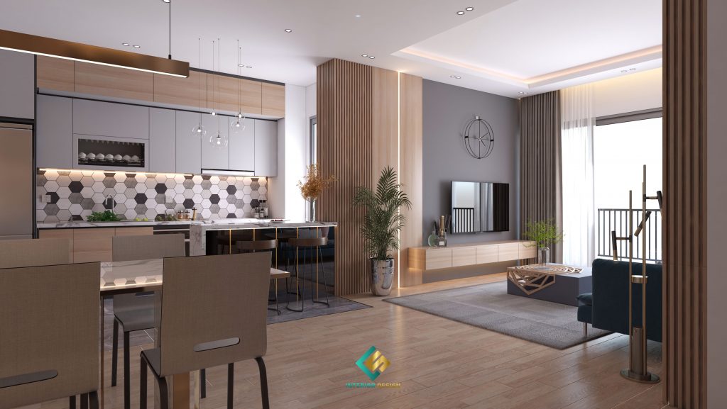Phòng khách bếp liền kề, nội thất gỗ mang đến vẻ đẹp bình yên cho không gian