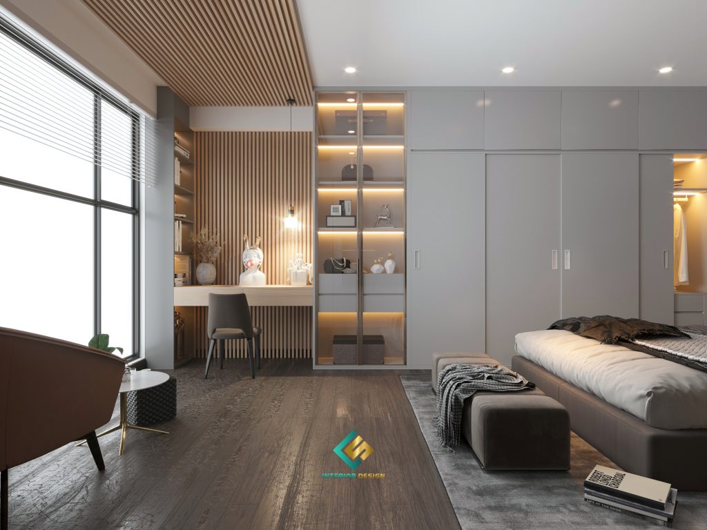 Khu vực bàn trang điểm đẹp mắt với những đường gỗ xẻ rãnh nghệ thuật