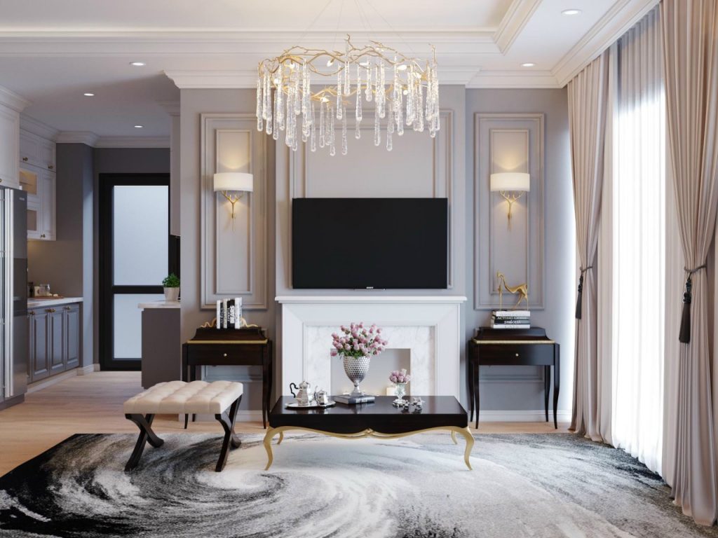 Thiết kế phòng khách liền bếp chung cư đẹp sang chảnh