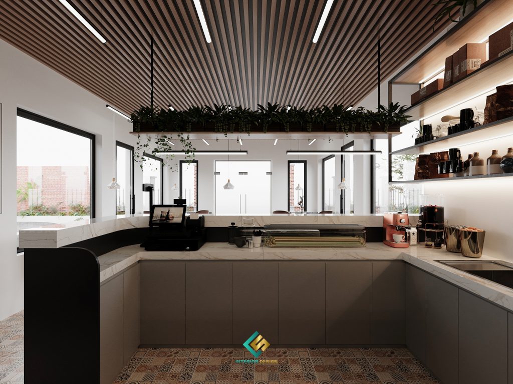 Thiết kế quán cafe hiện đại với quầy bar rộng rãi - tiện nghi