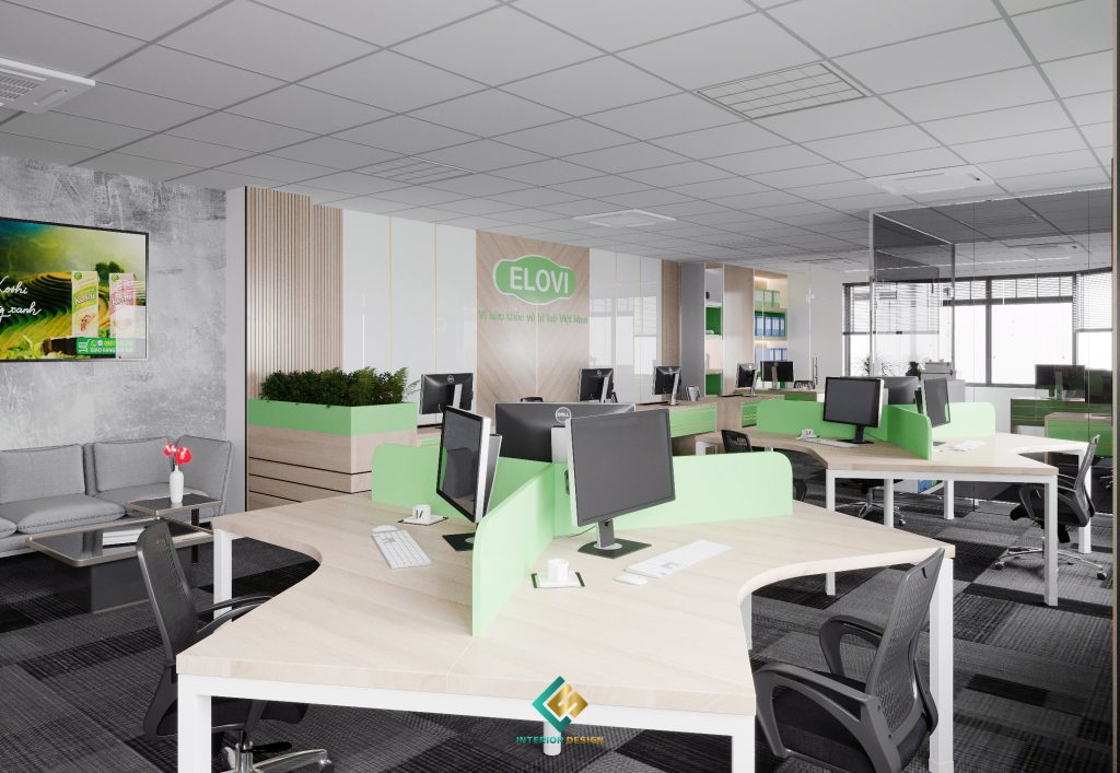 Thiết kế văn phòng hiện đại với góc làm việc nhân viên sáng tạo