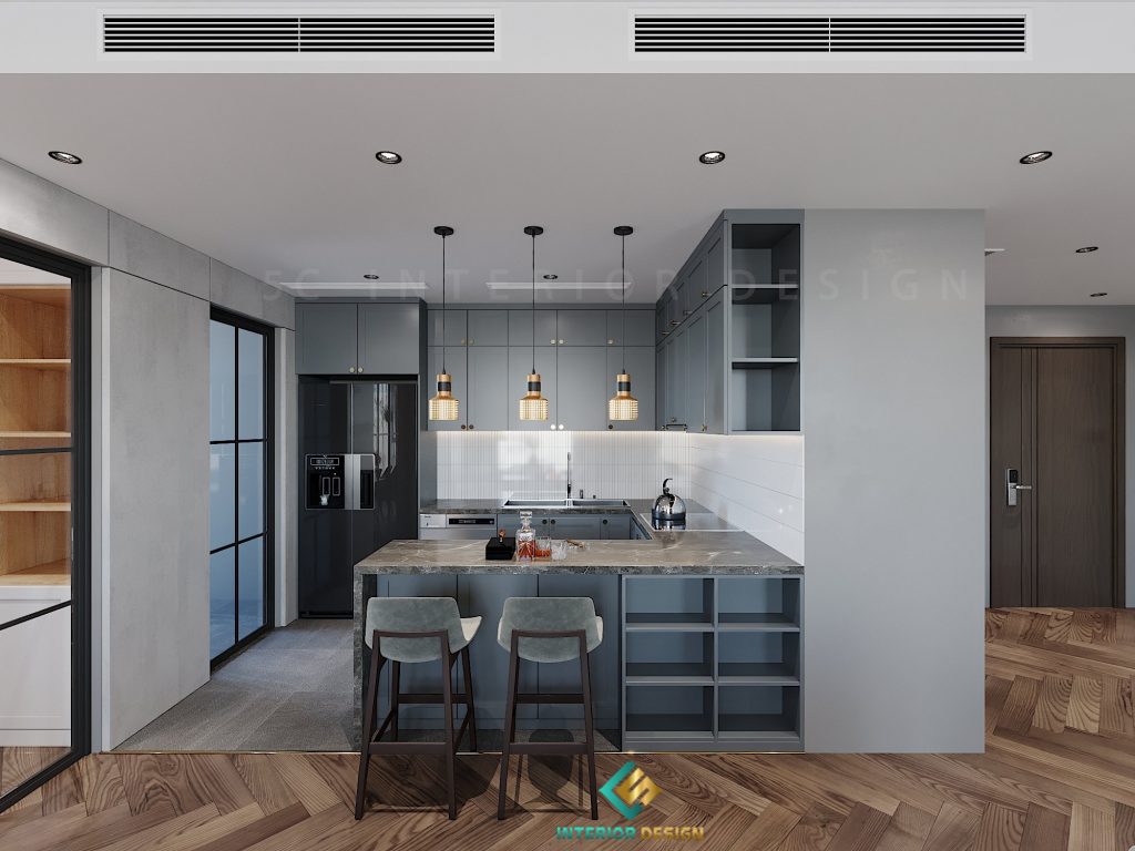 Tủ bếp chữ U giúp không gian nấu nướng rộng rãi và thoải mái
