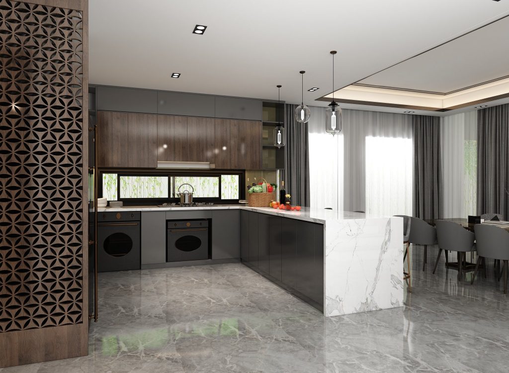Đảo bếp kết hợp bàn ăn tạo đầy tiện nghi, tăng phần gắn kết trong gia đình