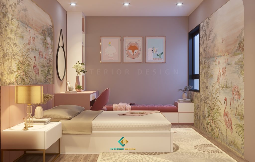 Phòng ngủ cho bé gái với dán tường dễ thương, màu sắc