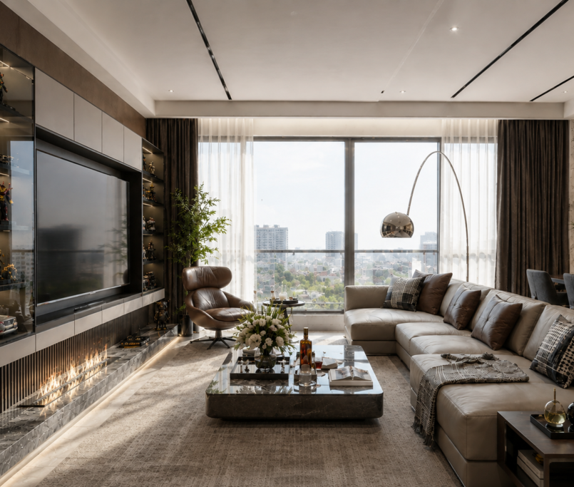 Khám phá mẫu thiết kế nội thất phòng khách liền bếp chung cư Bea Sky do 5c home thực hiện. Giải pháp không gian mở hiện đại, tối ưu công năng và đậm chất thẩm mỹ thượng lưu.