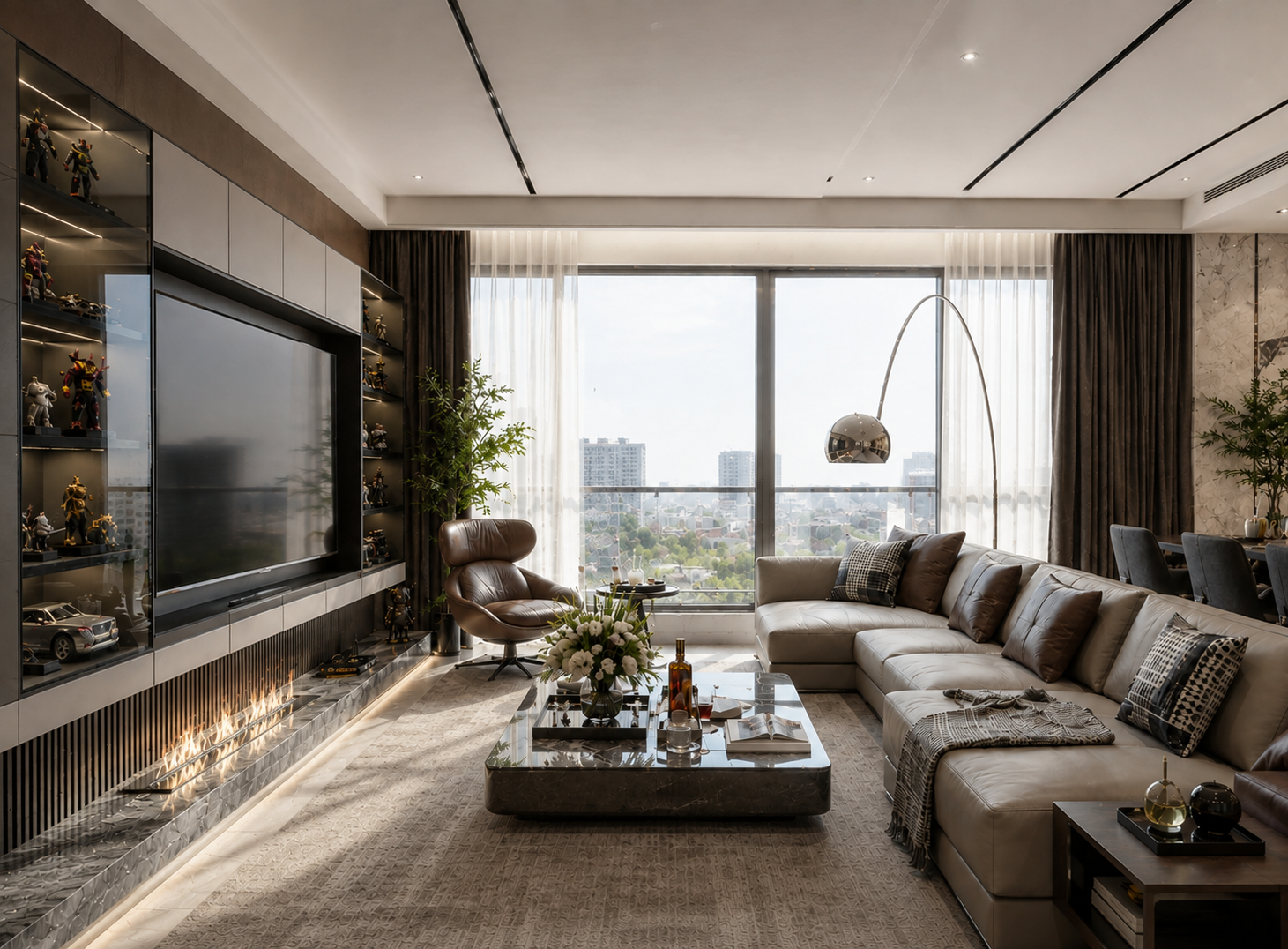 Khám phá mẫu thiết kế nội thất phòng khách liền bếp chung cư Bea Sky do 5c home thực hiện. Giải pháp không gian mở hiện đại, tối ưu công năng và đậm chất thẩm mỹ thượng lưu.